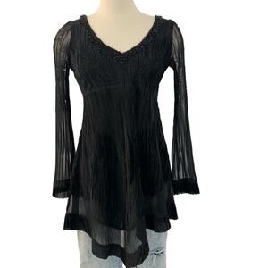 Komarov Beaded Neck Long-Sleeve Tunic Top Crinkled Sheer Fabric Black | Small